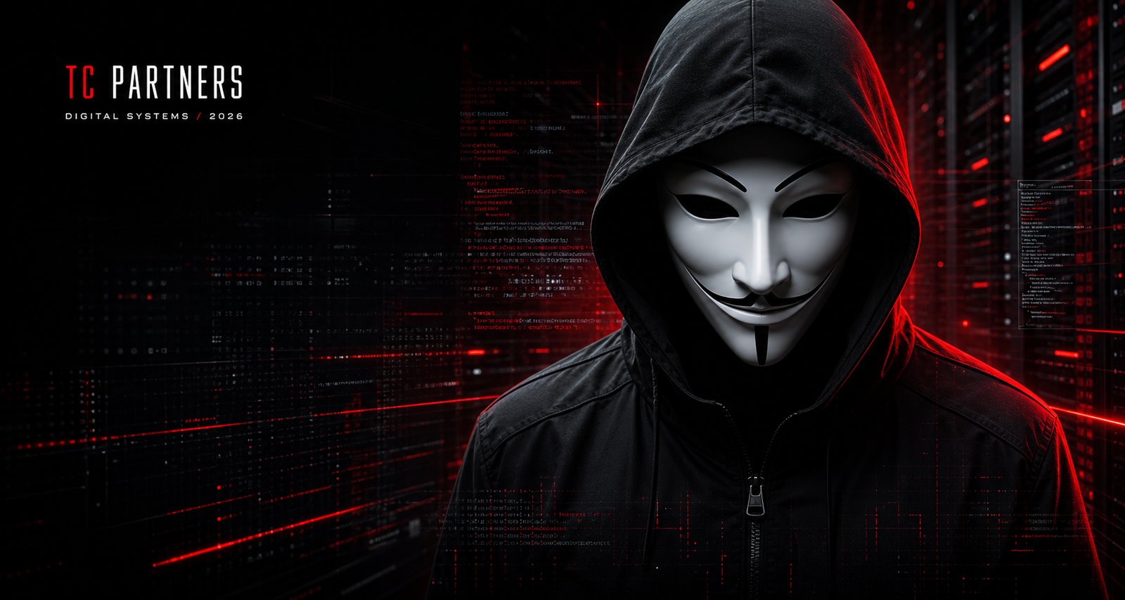 Figura enmascarada en un entorno tecnológico rojo de TC Partners